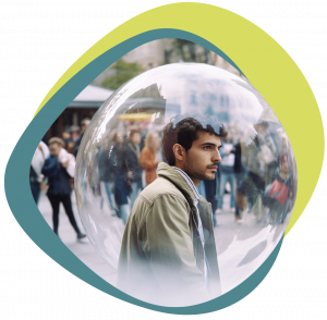 An Asian man is walking through a busy city centre within a bubble. 